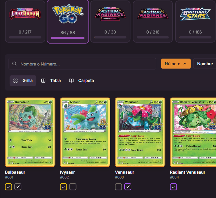 App screenshot showing card collection